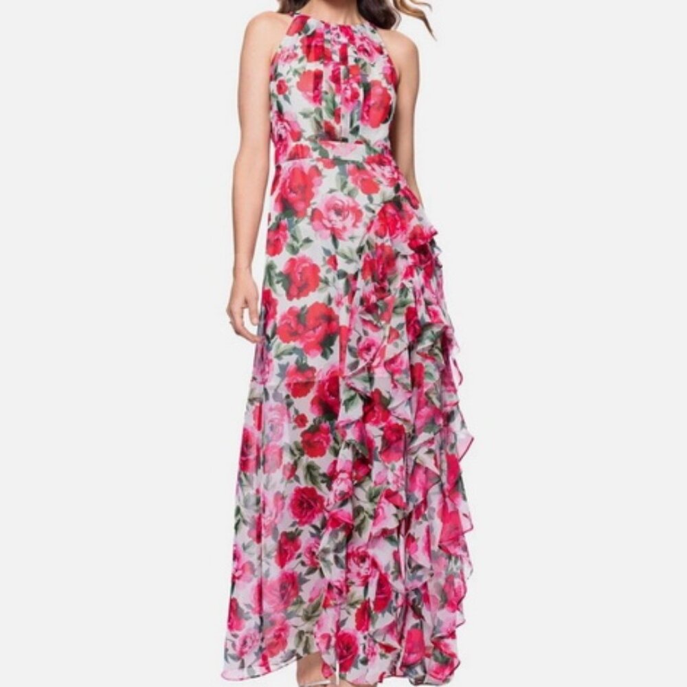 Betsy & Adam Pink Multi Floral Print Ruffled Sleeveless Gown